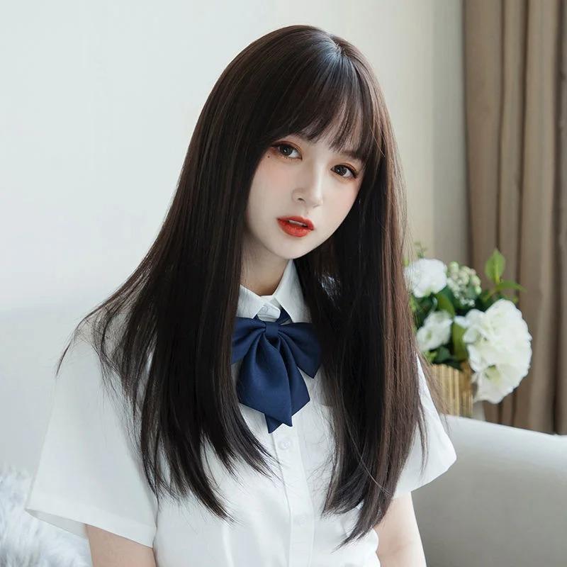 Hair Extensions Synthetic Cute Korea Jk Girl Cosplay Air Bangs Wig Breathable Head Cover 50cm Long Straight Wig Hat For Women