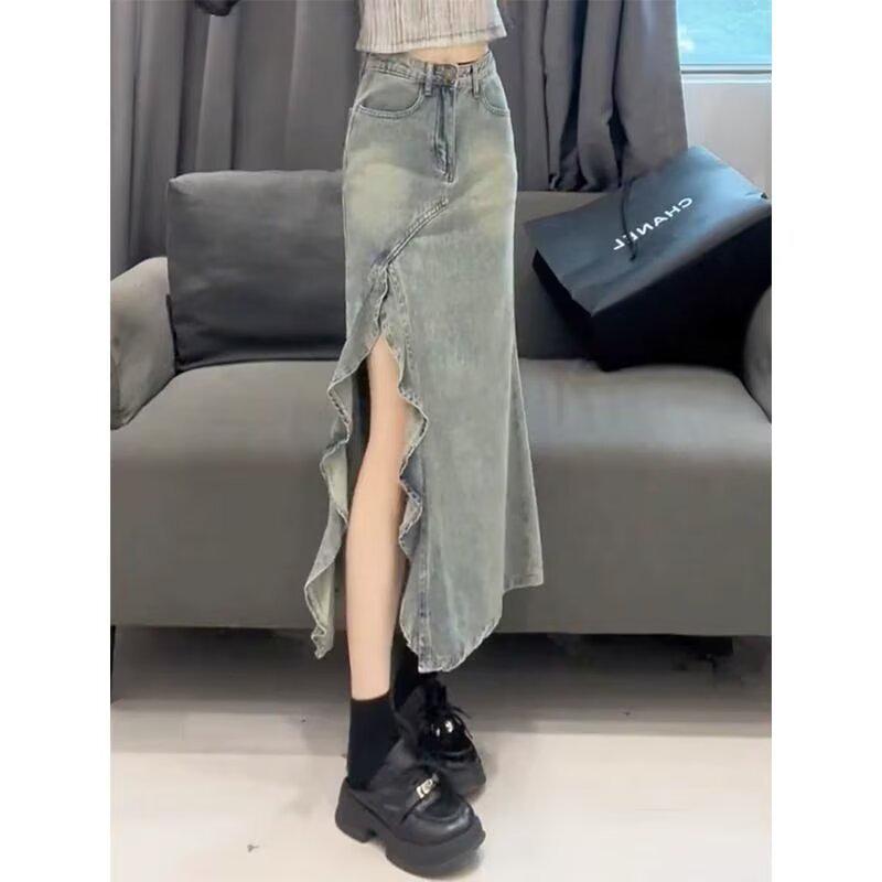 

Женская джинсовая юбка с высокой талией, неровным волнистым подолом и хвостом русалки, 2025 XL: 155-165cm (121-131 jin)