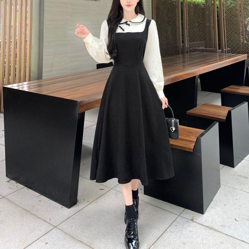 Vintage Doll Collar Midi Dress Women's Clothing Stylish Chinese Disc Buckle Spring Autumn Fake Two Pieces A-Line Spliced Dresses