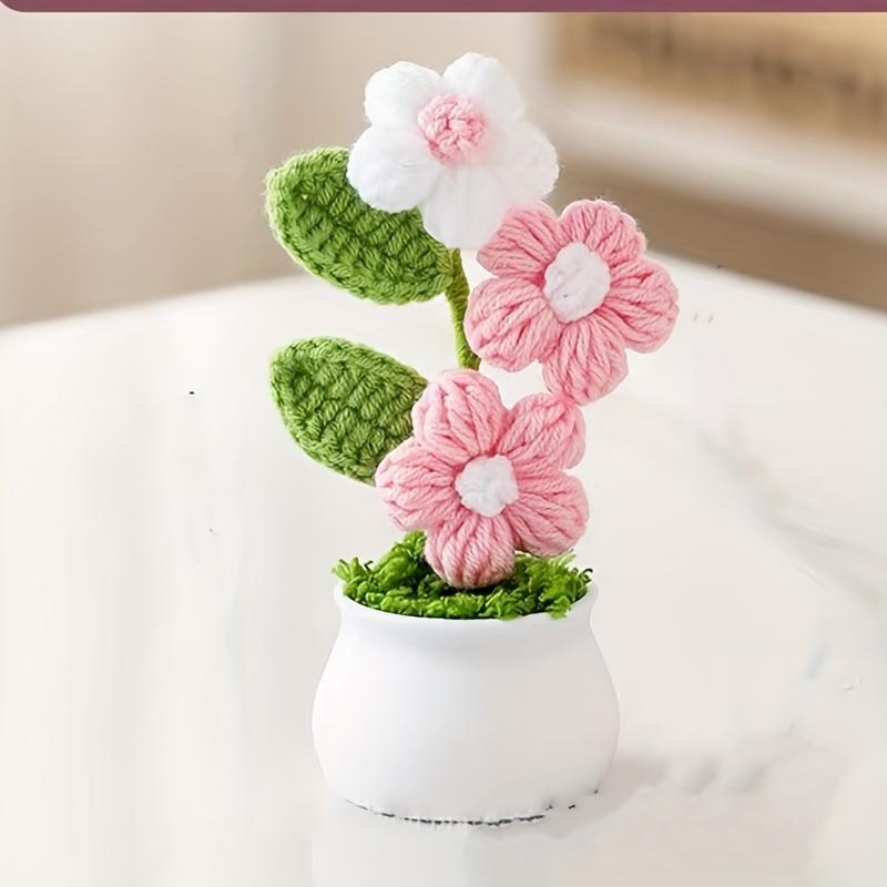 1Pcs Handmade Crochet Bonsai with Artificial Flowers Charming Knitted Flower Centerpiece, Suitable for Home Decor Perfect for Easter, Christmas