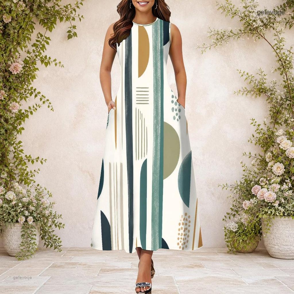Women Plus Size Round Neck Sleeveless Geometric Printed A Line Long Dress With Side Pockets