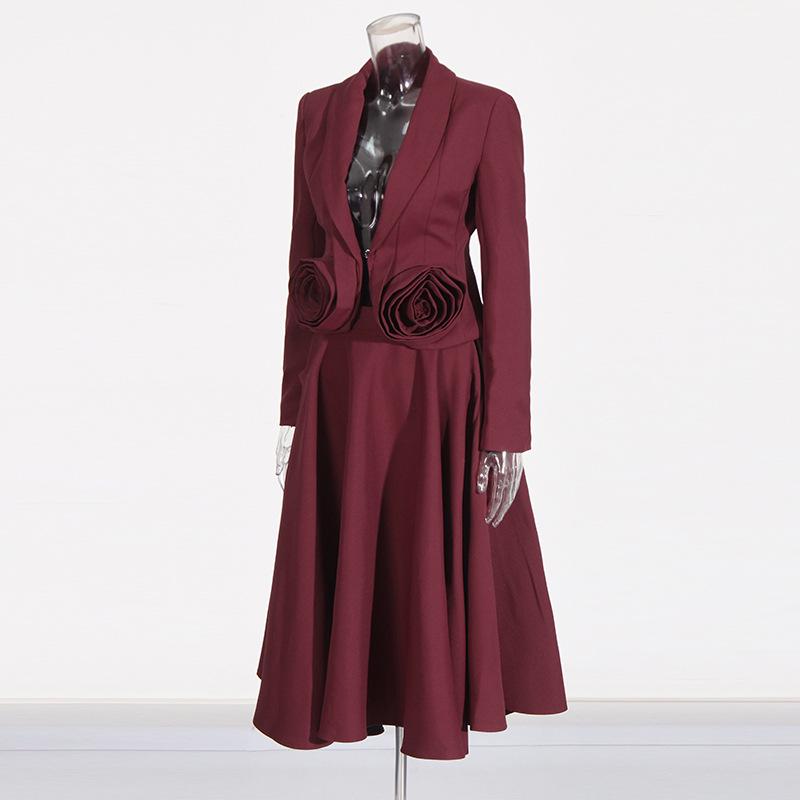 2025 Pink 3D Rose Two-Piece Set: Slim-Fit Blazer & Pleated Mid-Length Skirt