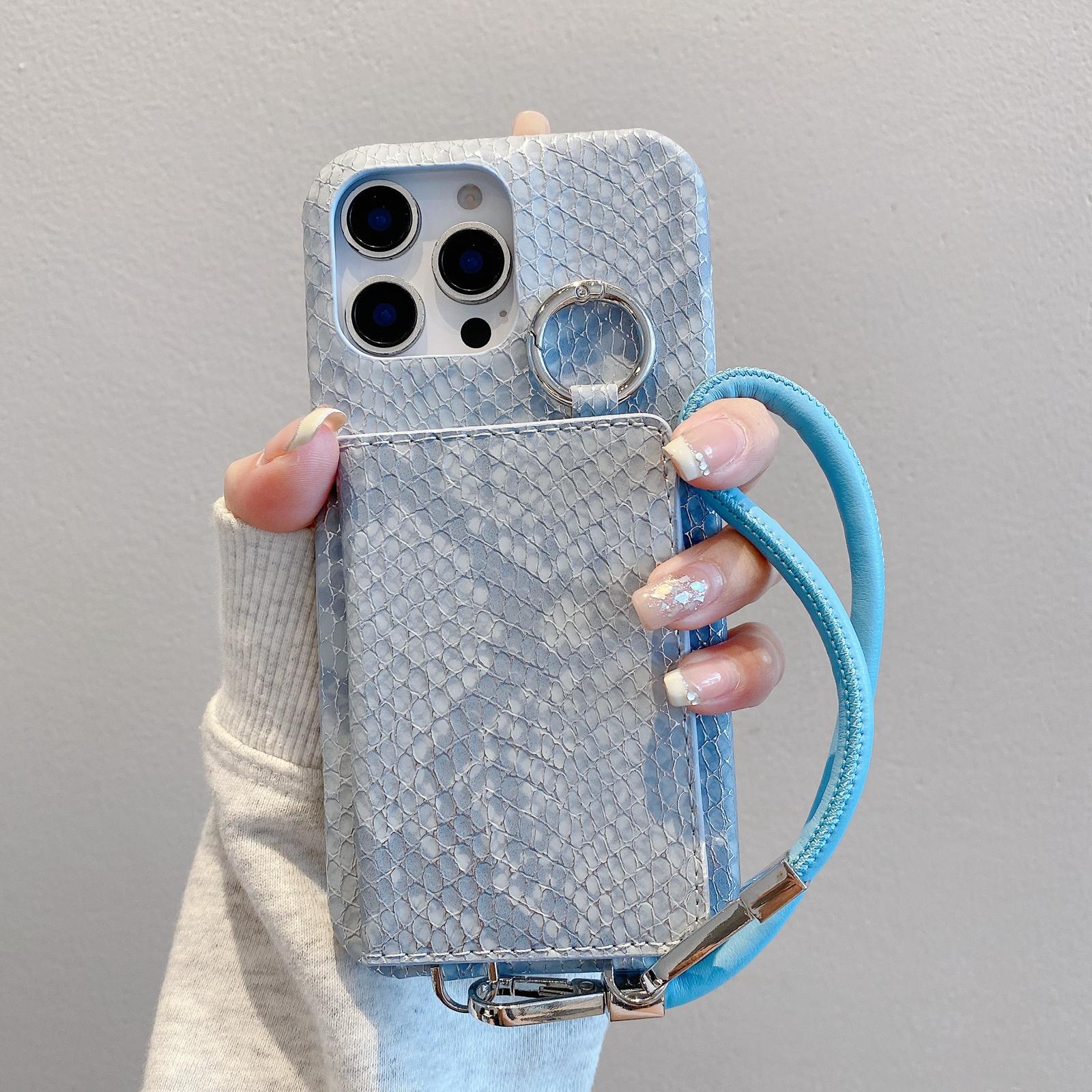

For iPhone 16 Pro Case Card Holder Mirror Snake Texture PU+PC Back Cover with Lanyard Blue