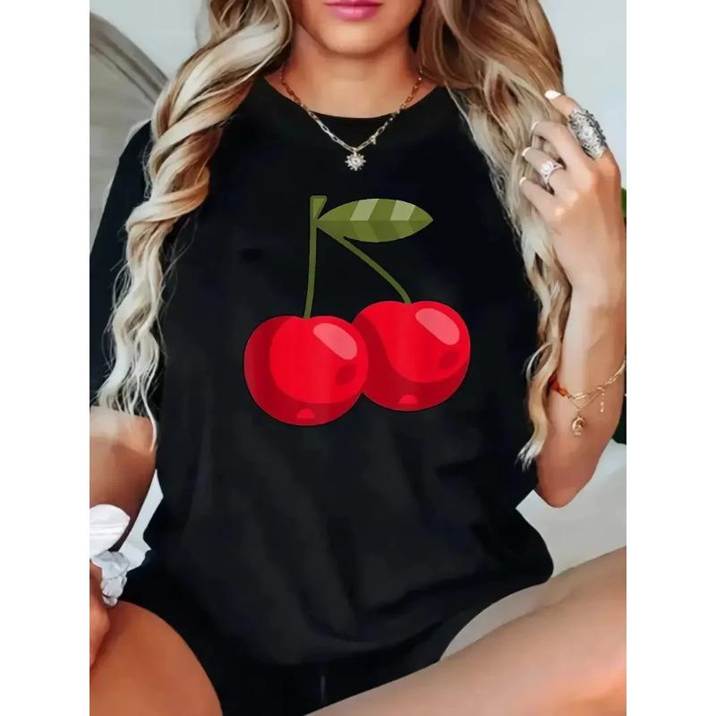 Summer Round Neck 3D Cherry Print Top Fashionable Casual Short Sleeved Women's T-shirts