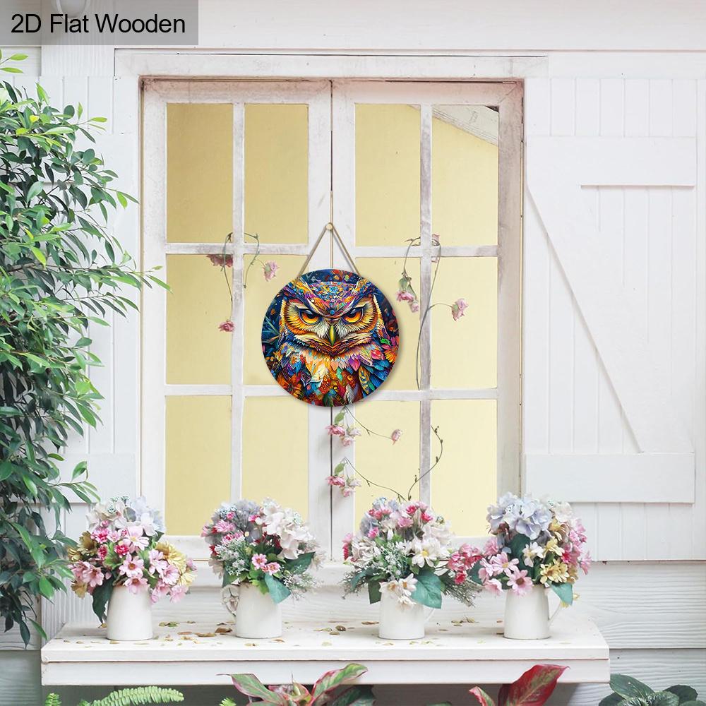 Decorative Hanging Wooden Sign with Cool Owl Pattern - Charming Round Sign for Front Door, Wall Hanging Decor - Ideal Home Hanging Ornament