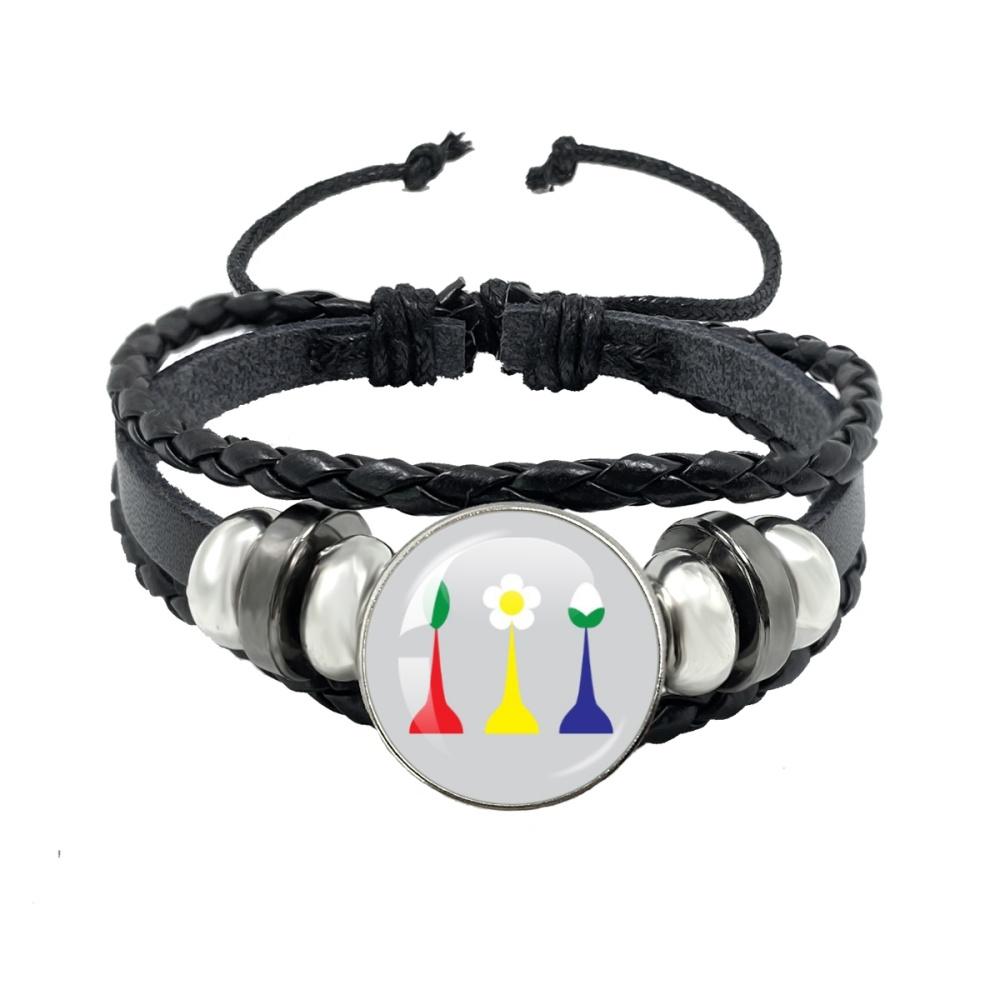Creative Game Pikmin Cartoon Button Rope Button Glass Cabochon Handmade Black Leather Bracelet Jewelry Charm Gift
