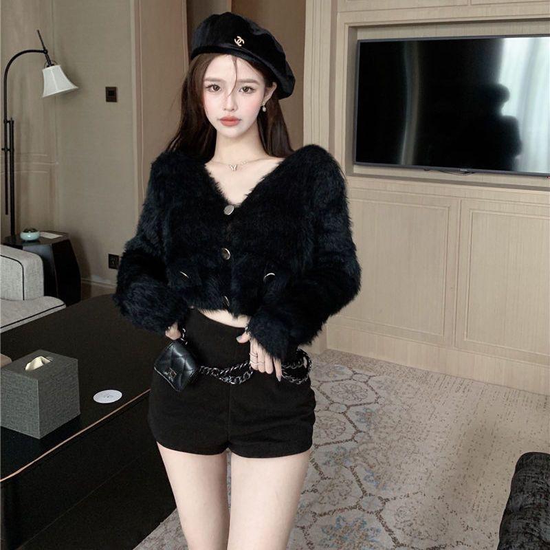 Svetr Cardigan Dámská Podzimní Korejský Malý Voňavý Větrný Plyš Krátký Svetr Kabát Dlouhý rukáv Výstřih do V Nový Pletený Cardigan Ženy