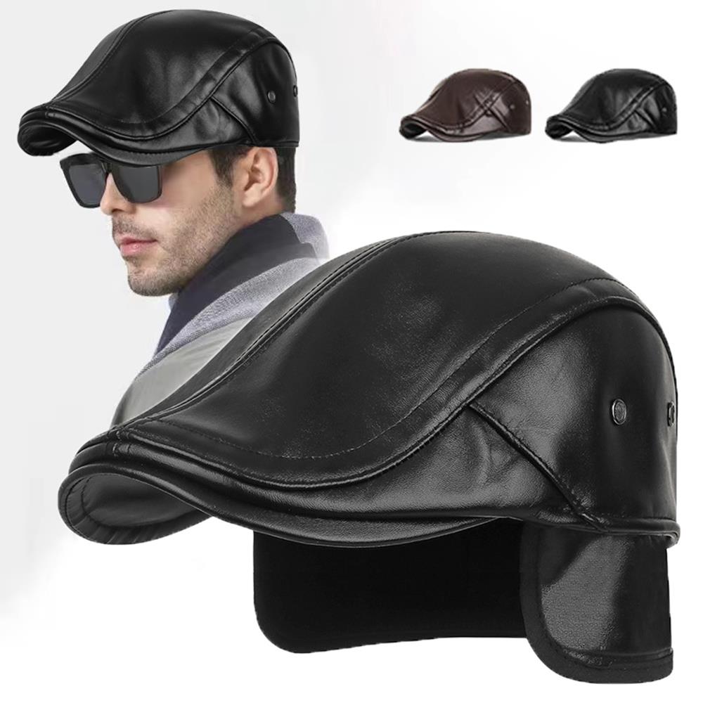 Men Retro Leather sboy Caps Autumn Winter Visor Beret Thicken Warm Hat Solid Forward Hat Windproof Ear Protection Hat