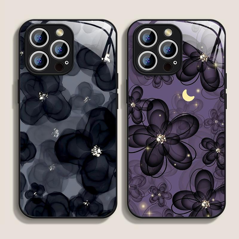 Luxury Black Rose Flower Graphic Tempered Glass Phone Case for IPhone 16 Pro Max 15 14 13 12 Mini 11 XS XR 7 8 Plus Hard Covers