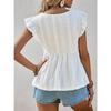 Camisa de Mujer Verano Calada Vacaciones Cuello en V Fruncida Manga Corta Encaje Blanca Blusa Moda Mujer Elegantes Tops Ajuste Ceñido Casual Suelta Camisas Femeninas