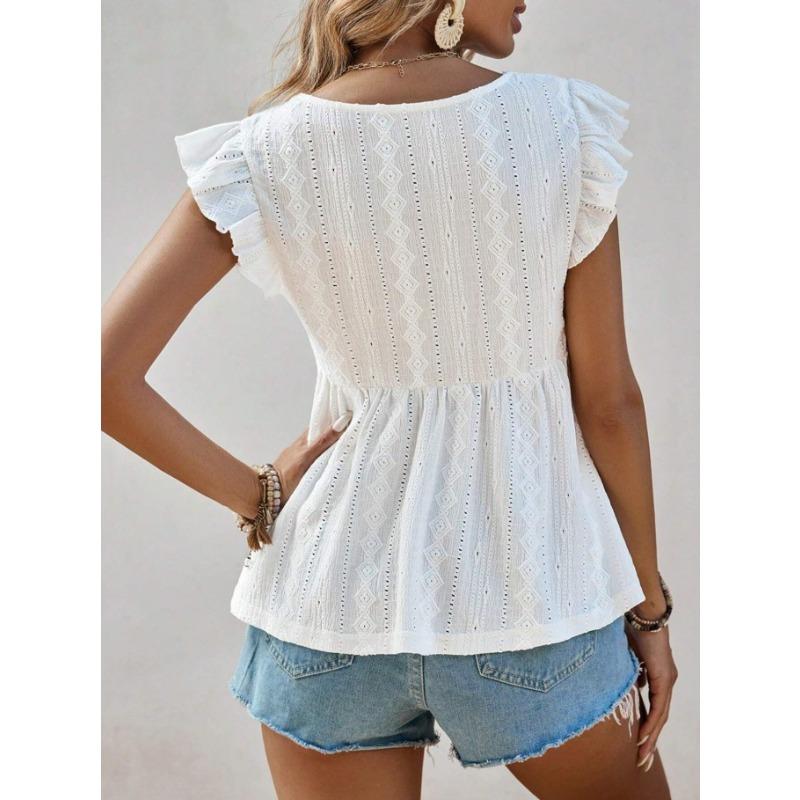 Camisa de Mujer Verano Calada Vacaciones Cuello en V Fruncida Manga Corta Encaje Blanca Blusa Moda Mujer Elegantes Tops Ajuste Ceñido Casual Suelta Camisas Femeninas