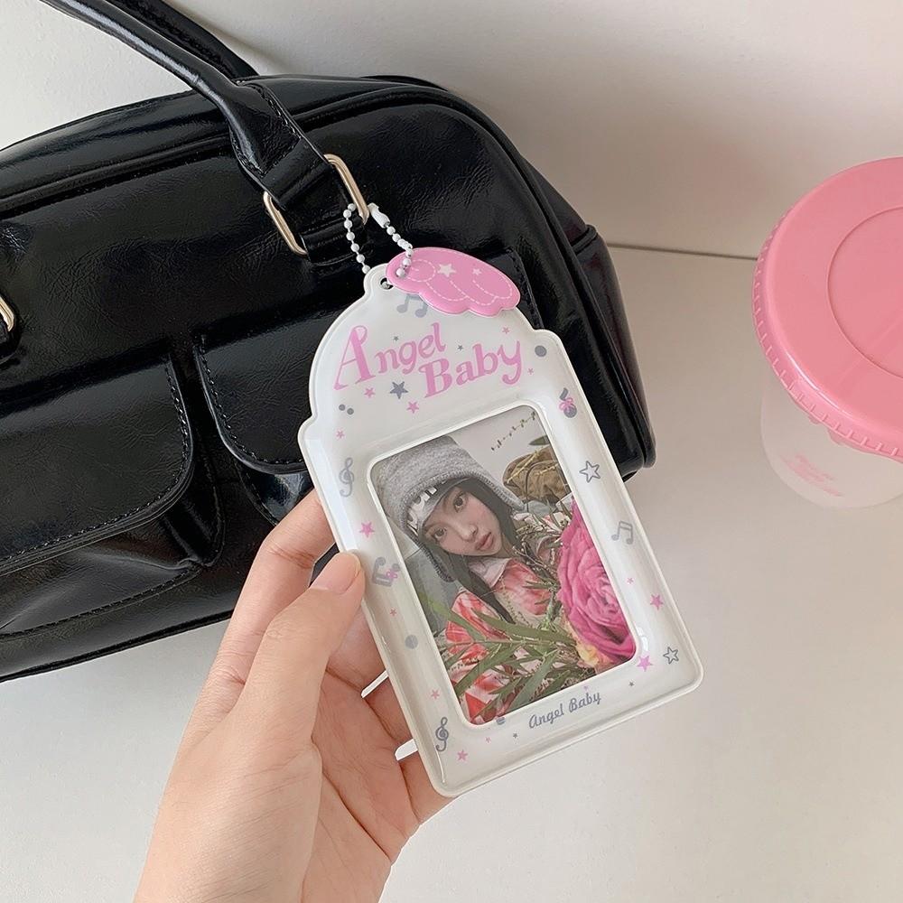 PVC Photocard Holder Keychain Angel Wings Cartoon ID Badge Holder Hanging Decoration Idol Card Display Protector