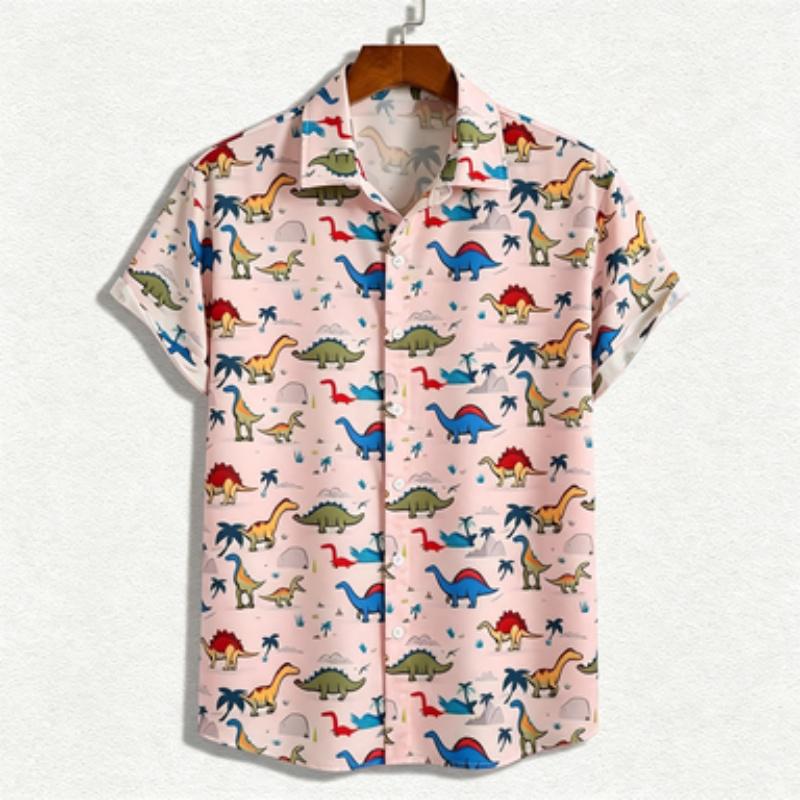 Men's Short Sleeved Shirt, European and American Casual Men's Shirt, Fun Dinosaur Pattern Short Sleeved Shirt, Youth Loose and V
