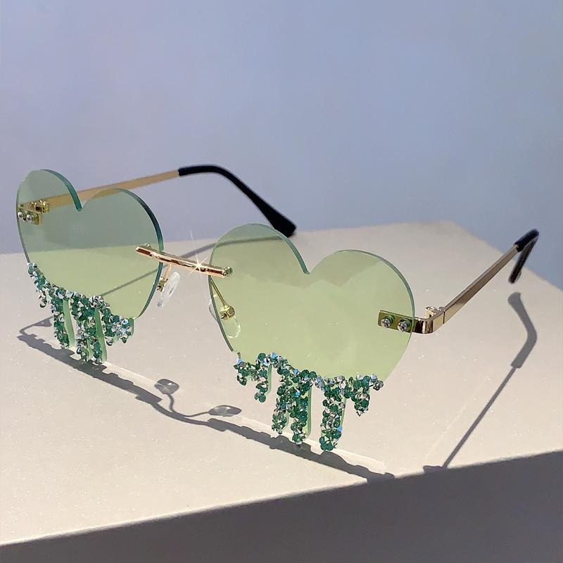 1/2 Pairs Heart Shaped Sunglasses with Rhinestones Women Fashion Rimless Rave Shades Trendy Original Design Sun Glasses