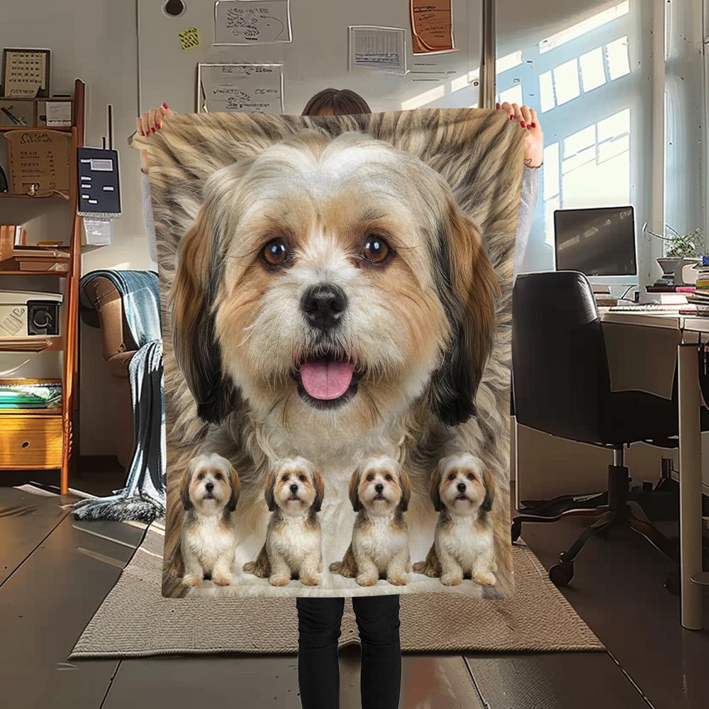 1Pc Lhasa Marejus Dog Print Flannel Blanket, High quality Comfortable for All Seasons, Home Decor, Warmth and Comfort, Perfect for Gifts