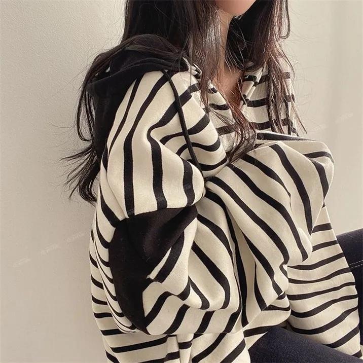 Spring and Autumn Women's Striped Hoodie Casual Long Sleeve Sweatshirt Vintage Oversized Hoodies
