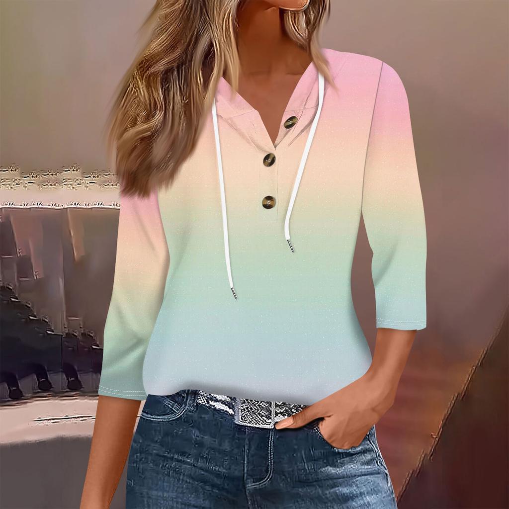 Women's Fashion Seven Split Sleeve Button Casual Hooded Printed T-Shirt Top