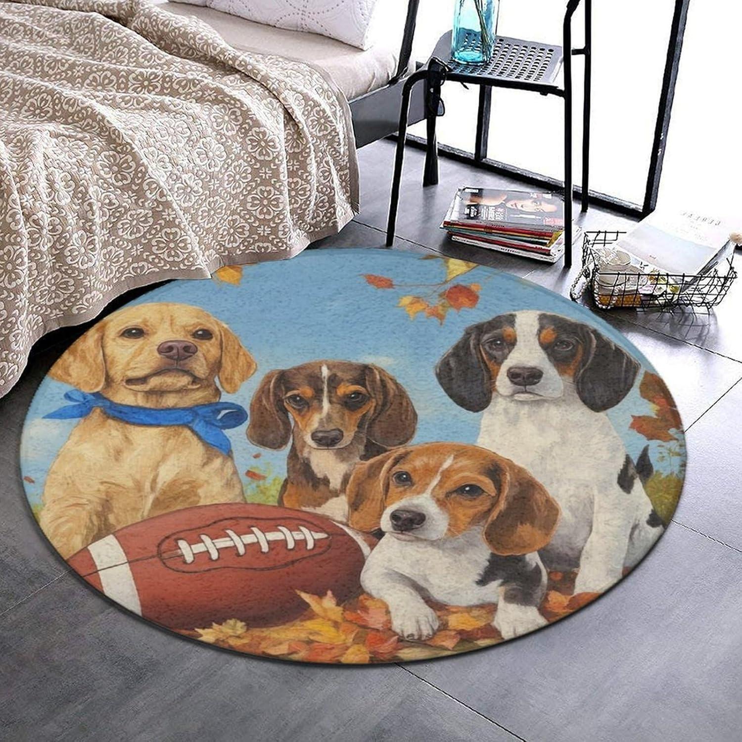 

Cute Dogs Pattern Round Rug Adorable Puppy Pattern Carpet Soft Non-Slip Circle Floor Decor Mat for Living Room Bedroom Hallway 100cm