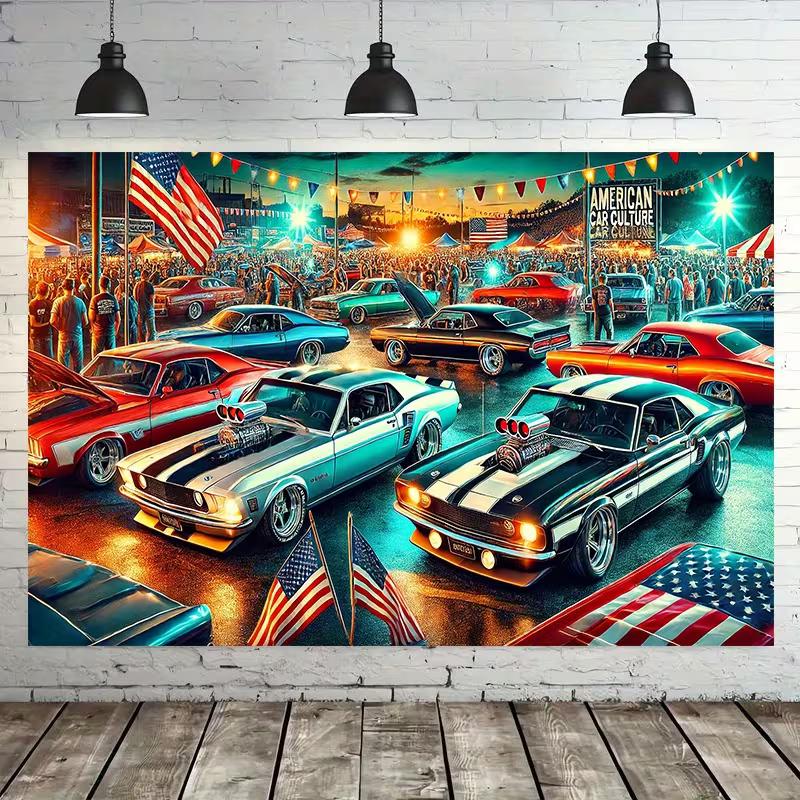 Classic American Car Culture Tapestry Retro Muscle Cars Wall Hanging