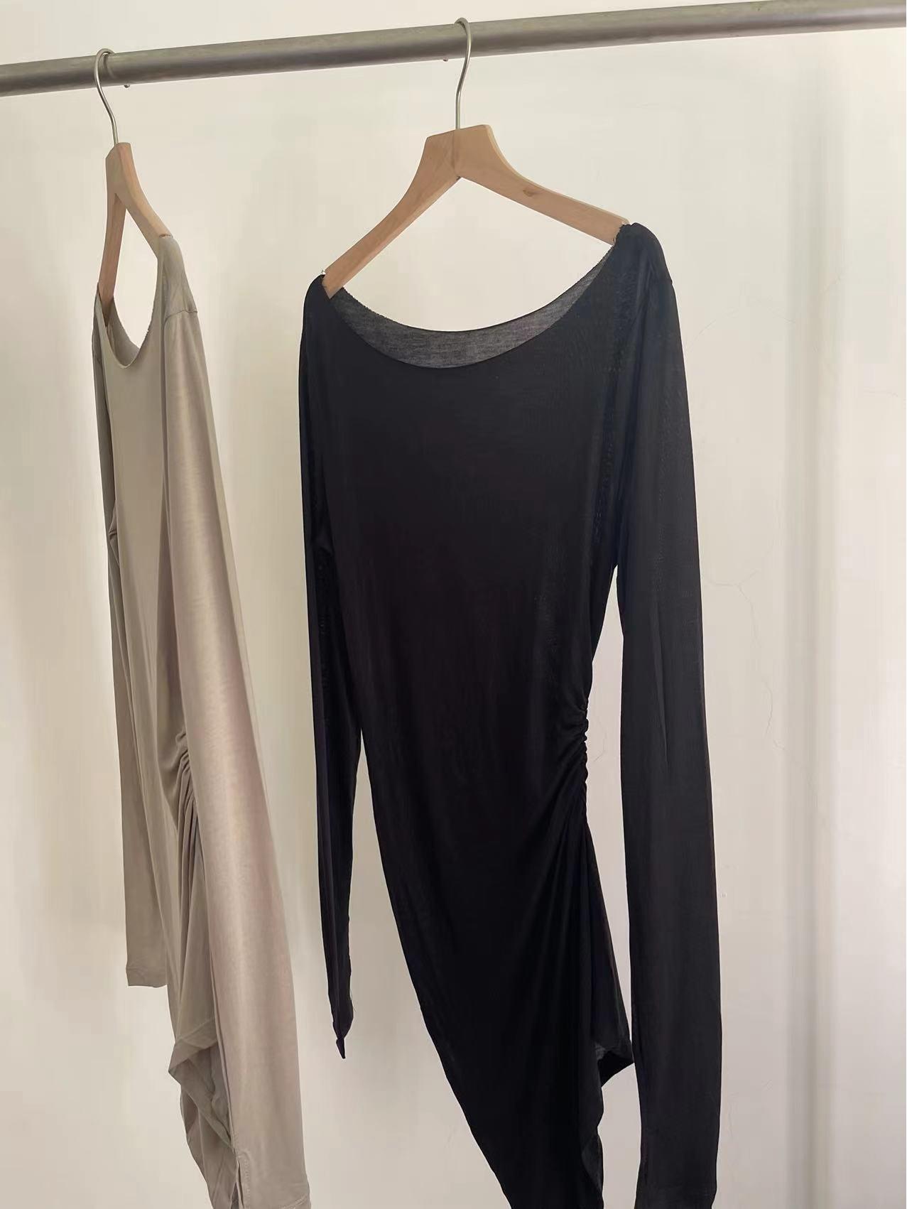 

Guochao Микропрозрачная футболка из тенселя с драпировкой на талии и асимметричным длинным рукавом для женщин - Летний удобный солнцезащитный базовый слой Large