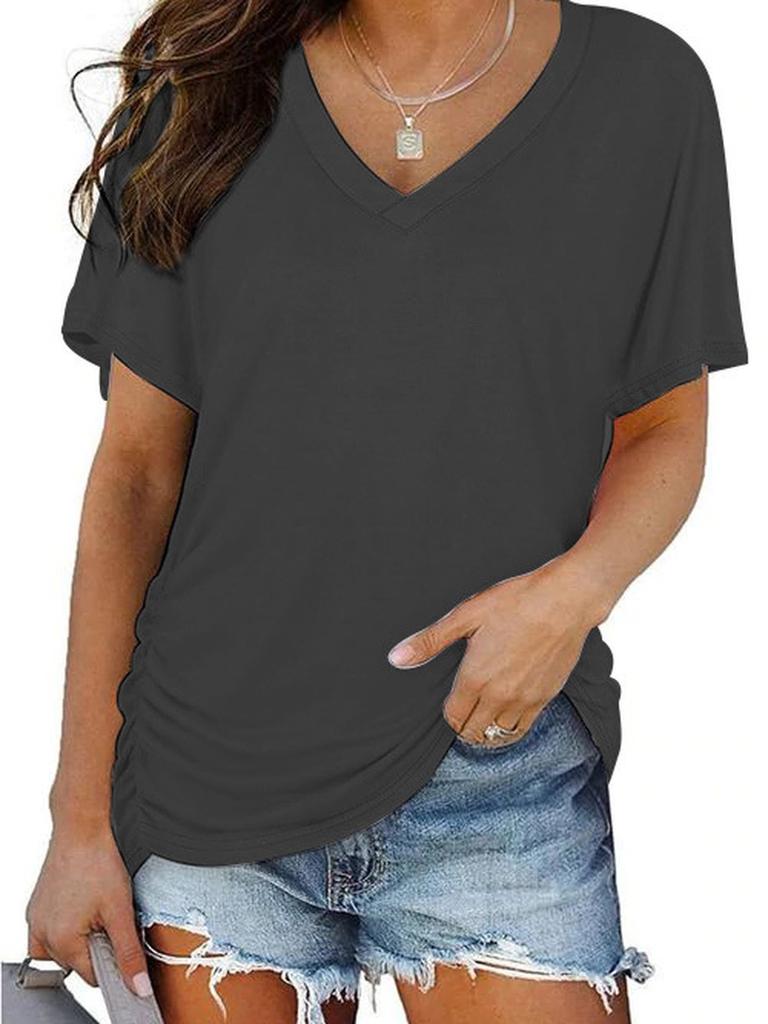 Summer Women's T-Shirt V-Neck Solid Short Sleeve Top