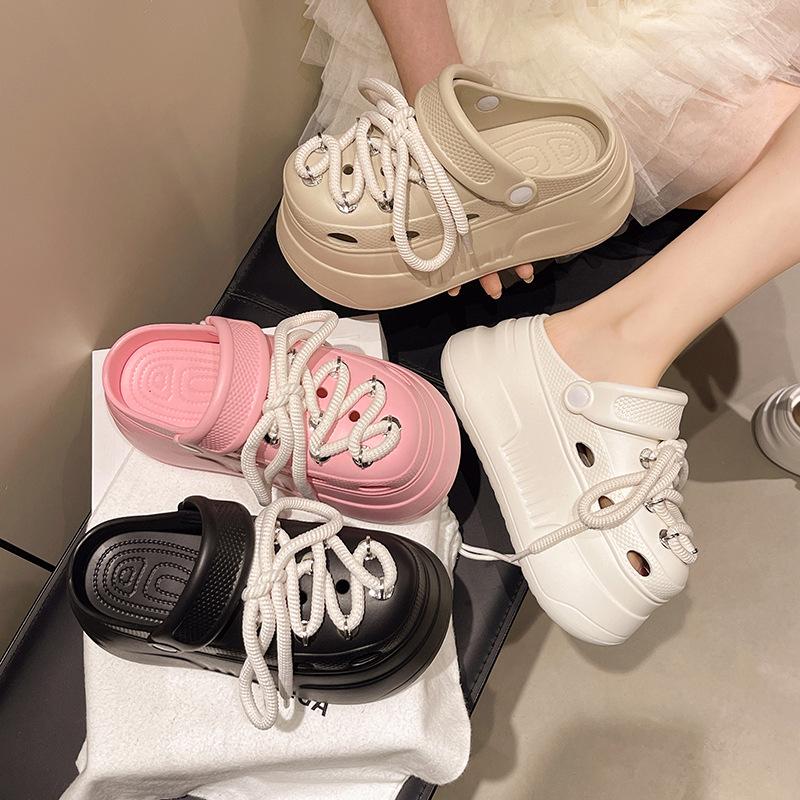 Fashion Soft Leather Lace-up Doudou Shoes, New Summer Soft-soled Comfortable Casual Shoes, Non-slip, Wave-soled Thick-soled Hole Shoes