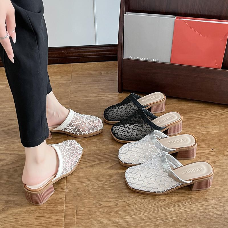 Fashion Slippers Casual Shoes Woman 2025 Pantofle Cover Toe Luxury Soft New Summer Slides Square heel Fashion Shoes Women Female Slippe
