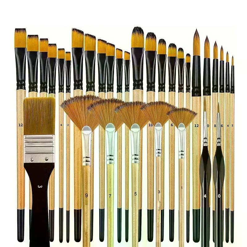 32Pcs Paint Brush Set For Acrylic Painting Premium Nylon Bristles With Round Filbert,Flat,Fan,Angle,Fine Detail Brush For Artist