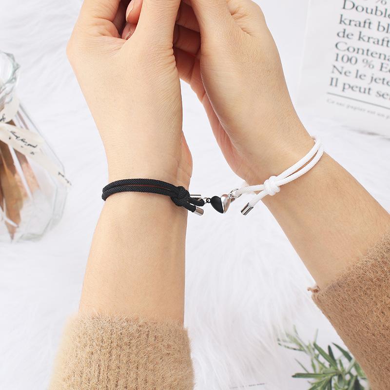 Romantic 2pcs/Pair Magnet Couple Bracelet Adjustable Matching Braclet Rope Black White Heart Magentic Braslet Gift For Lover