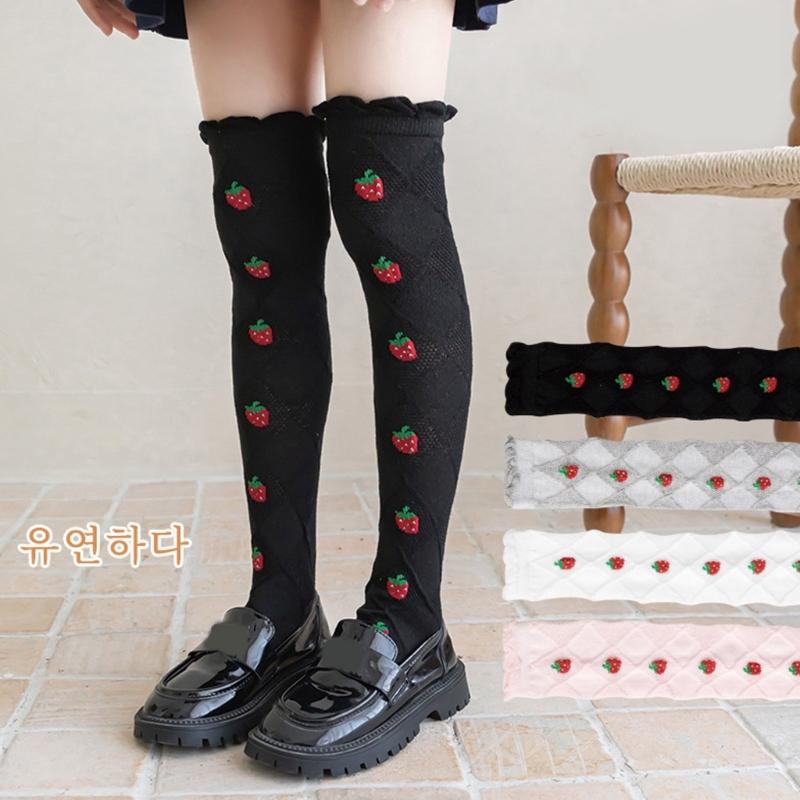Baby Girls Long Tube Socks Spring Autumn Summer Thin Kids Strawberry Printed Socks Over Knee Length Stockings