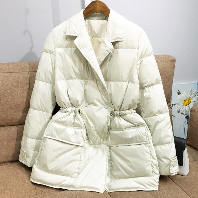 Down Jacket Winter Women White Duck Down Coat Female Notched Collar Double Breasted Coats Casual Lady Drawstring Puffer Outwear