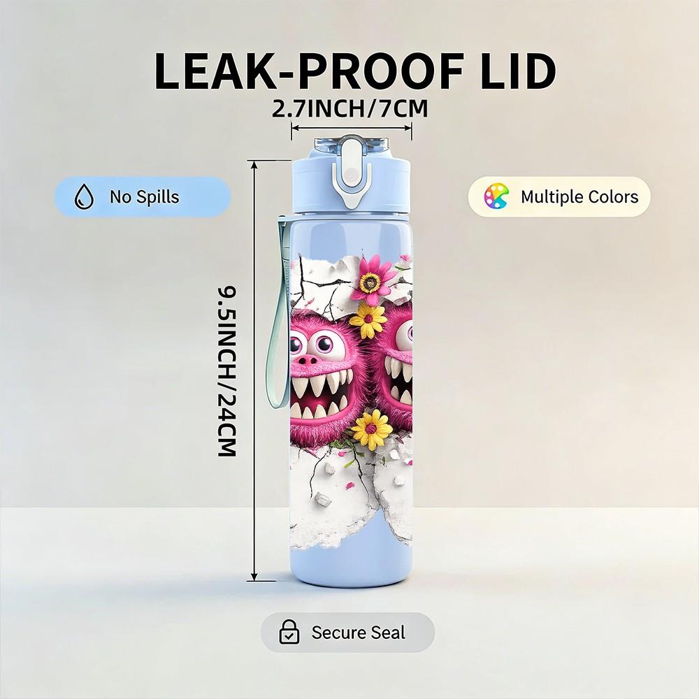 1PC Twin Monster Halloween Cartoon Print 750ml Color Plastic Sports Water Bottle Leakproof Flip Straw Lid Suitable for Sports Office Home Use