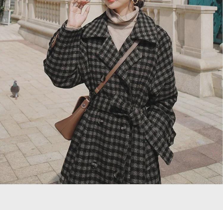 Women's 2024 Plaid Woolen Coat: Korean Style, Mid-Length, Slim Waist with Pockets, Thick for Winter
