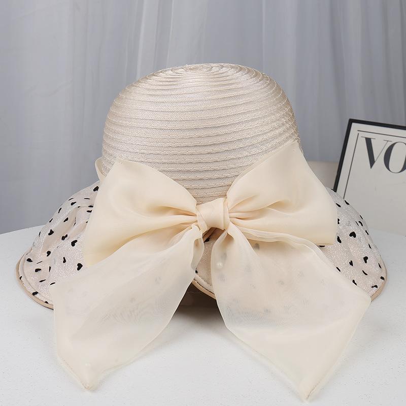 Spring and summer new mesh hat women's temperament elegant travel sun protection sun hat polka dot bow bucket hat