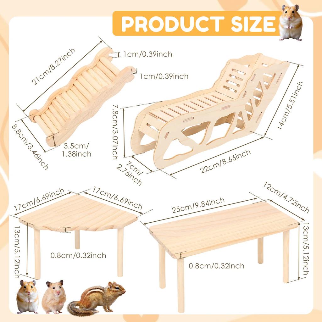 4Pcs Hamster Platform Natural Wood Hamster Climbing Toy with Ramp Tunnel Shelter Small Pet Resting Area Hamster Cage Accessories