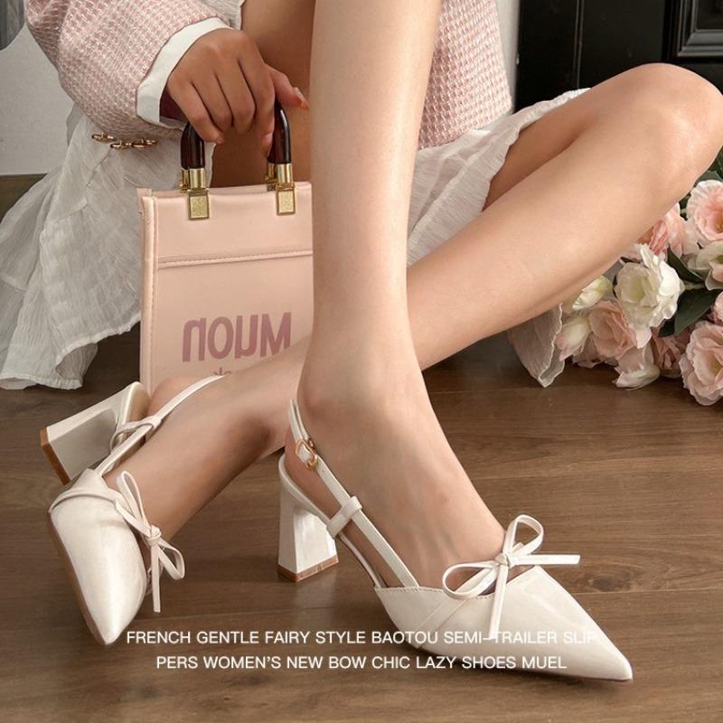 High-heeled sandals women's pointed bow word with temperament thick-heeled sandals women's fashion versatile outer sandals