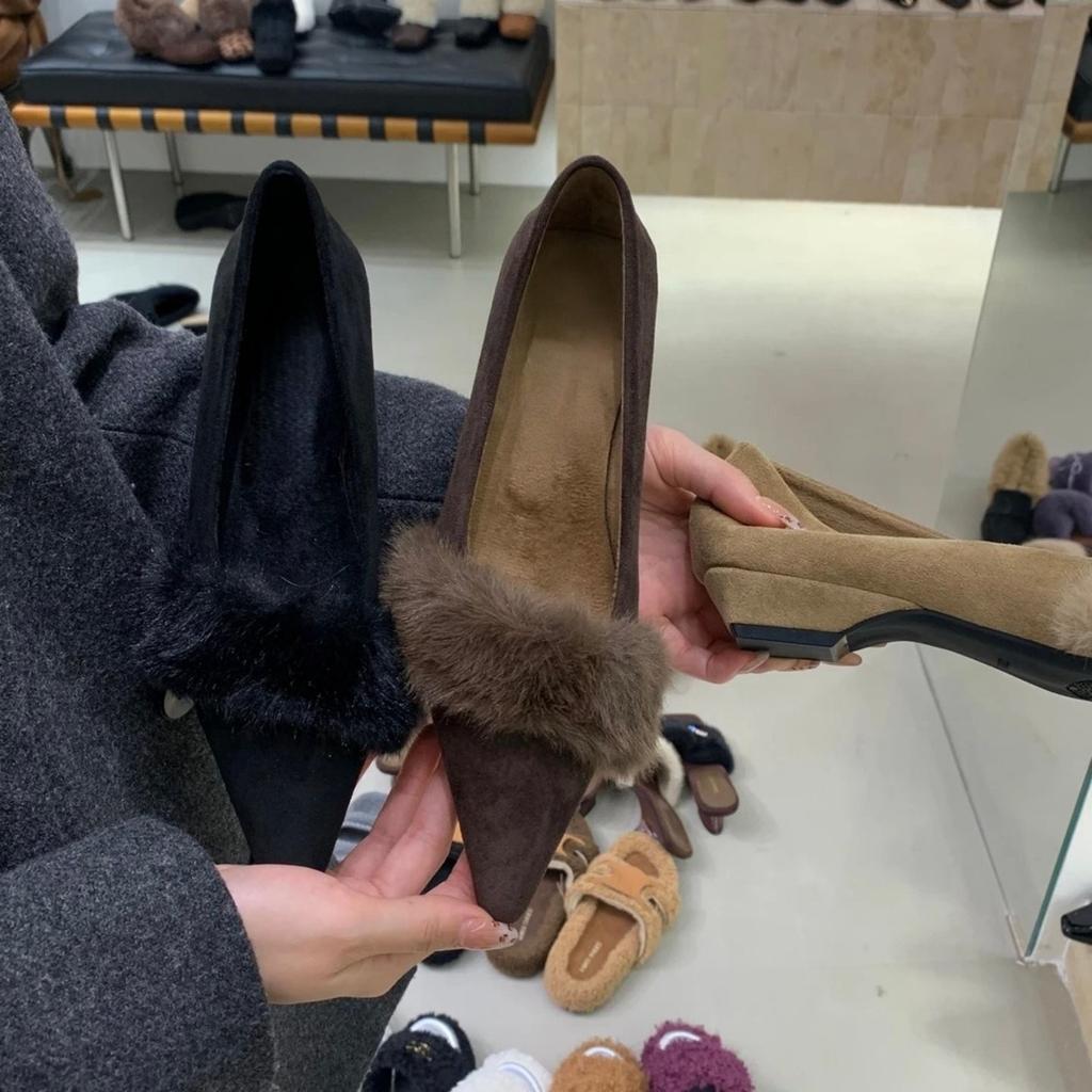 Korean Version of Light Luxury Small Fragrant Wind Piled Light Mouth Fluffy Single Shoes Autumn and Winter Celebrity Style Suede Temperament Elegant