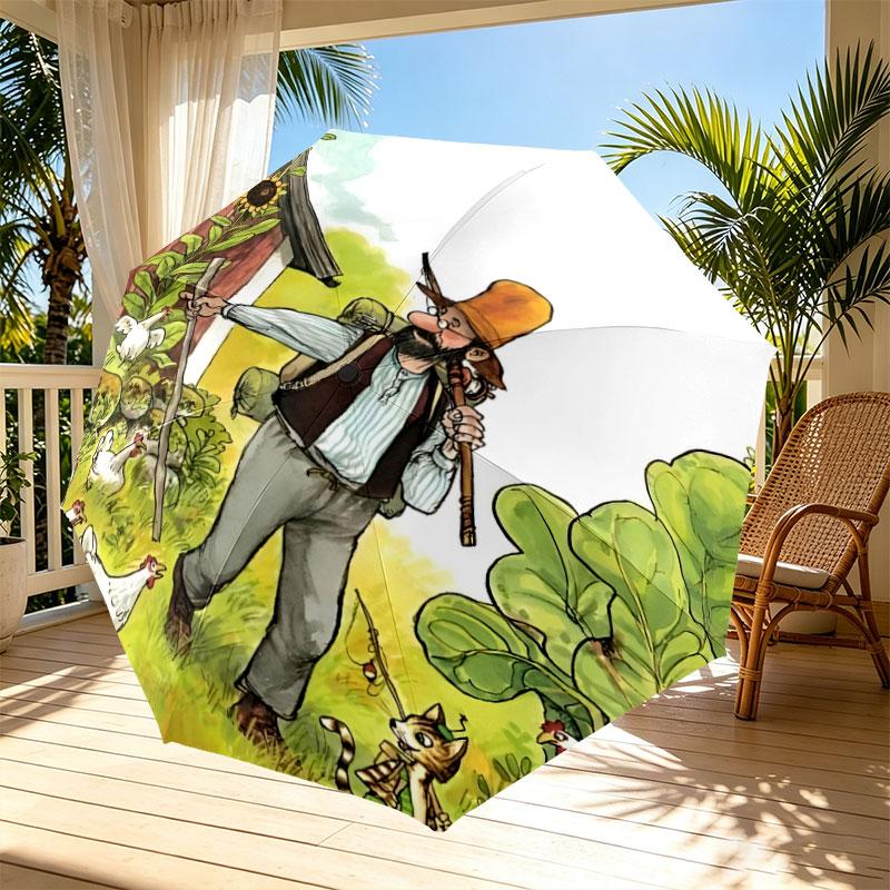 Pettersson und Findus Print Automatic Open Close Umbrella, Portable Foldable Umbrella, for Outdoor Commute Camping Trip, Ideal Birthday Gift