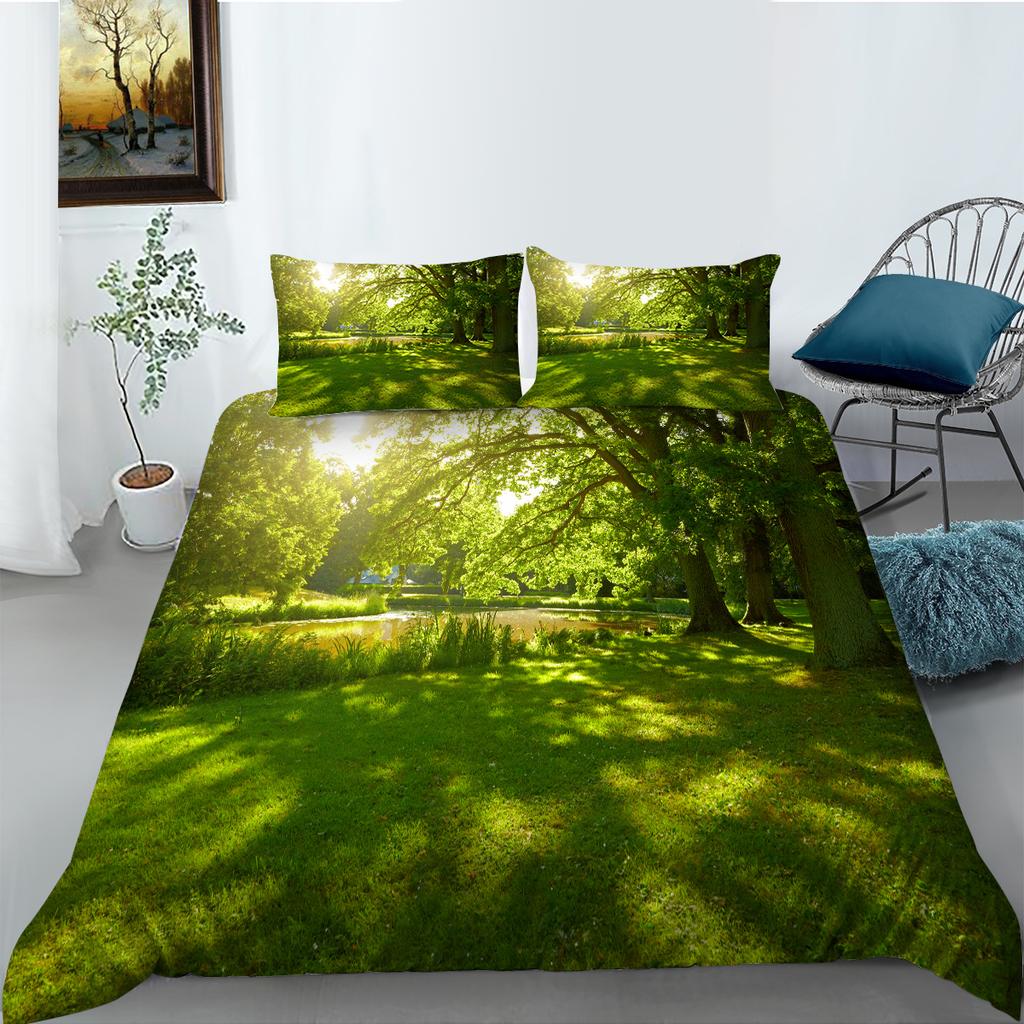 3D Natural Scenery Bedding Set, Landscape Printed Down Duvet and Pillowcase 2/3 Pieces, Washable and Quick Drying Home Decoration