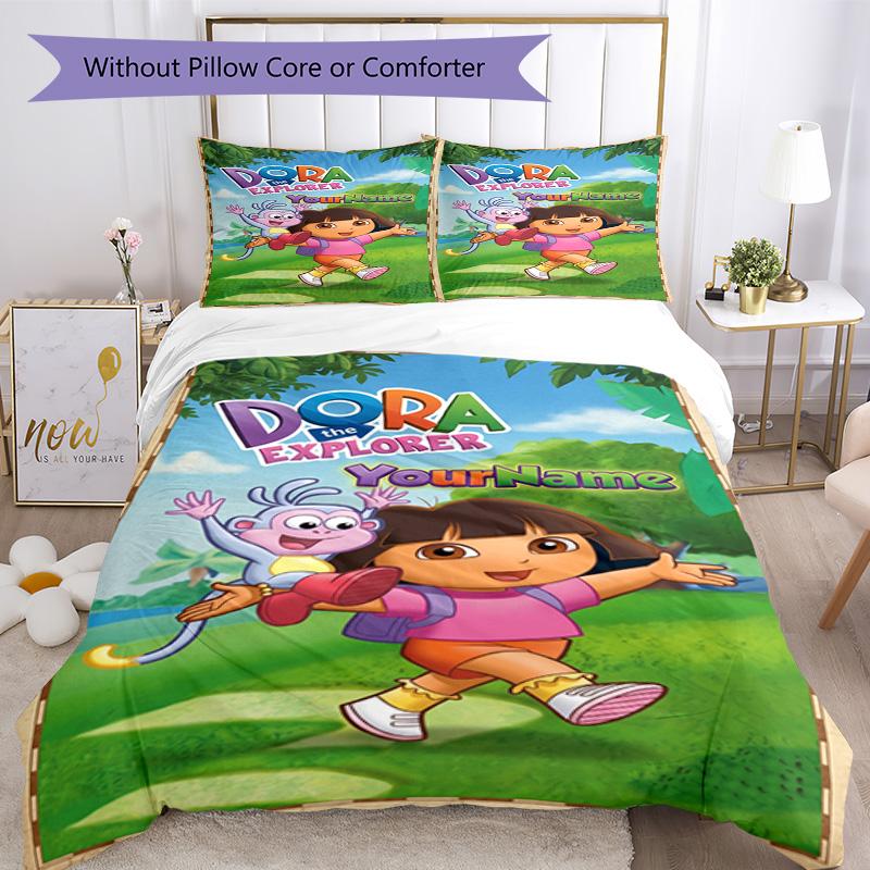 Dora Explorer Customize Your Name Bedding Set Breathable Duvet Cover with Pillowcases Home Decoration Birthday Gift