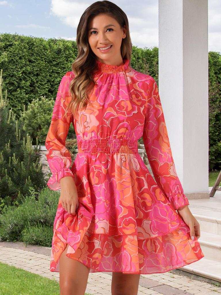 Allegra K Women's Floral Chiffon Dress, Flared A-Line Dress with Long Sleeves, Slimming Casual Style, Hot Pink, Size S