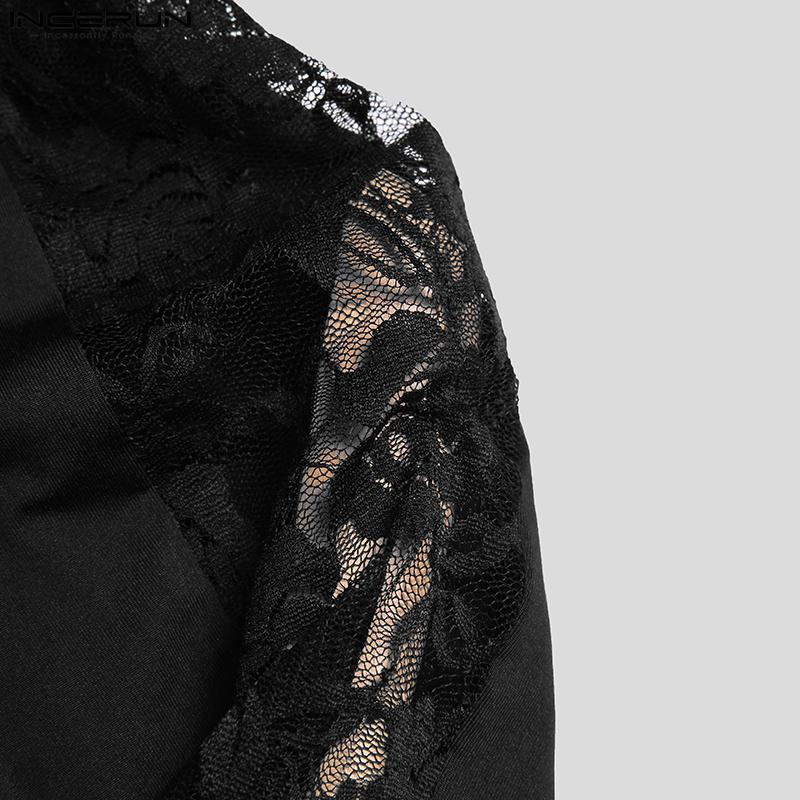 INCERUN Men High Waist Lace Patchwork Skinny Leggings Long Pants Home Wear