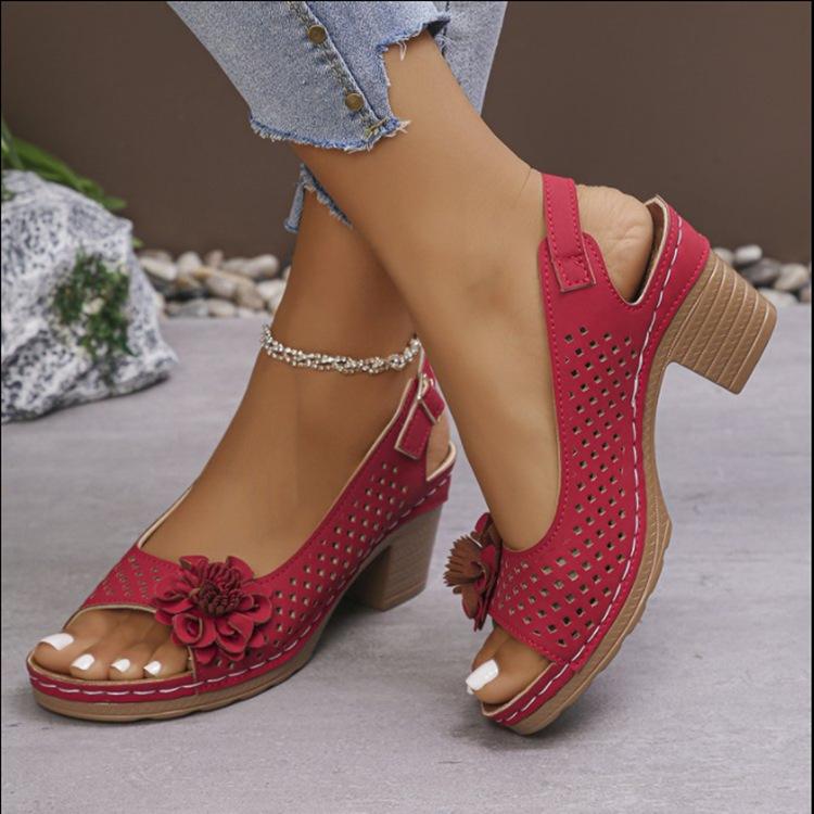 Spring and summer new high-heeled sandals with hollowed-out flower sandals fish mouth thick-heeled sandals cm giallo