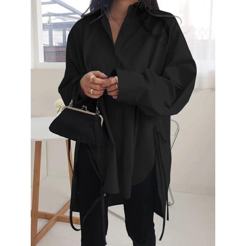 

Модная весна-осень с длинным рукавом асимметричная женская рубашка больших размеров свободная с длинным рукавом на шнуровке тонкая офисная блузка женская элегантная однотонная длинная рубашка 5XL чёрный