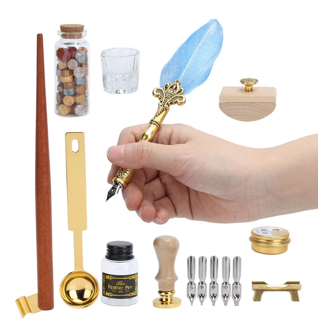 Feather Pen Wax Set Quill Dip Writing Ink Stamp Kit Vintage Student Stationery Gift BoxSP225038