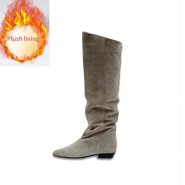 Fashion New Fashion Lazy Pleated Cow Suede Knee High Boots Autumn Winter Round Head Low-heel Short Plush Warm Women Long Boot Size 34-43