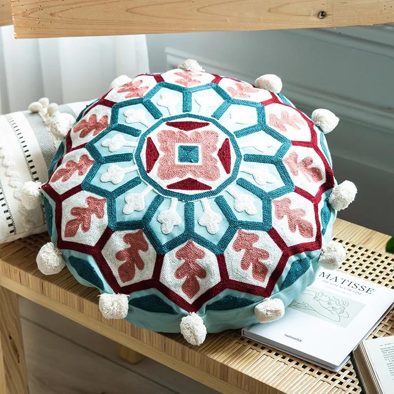 Moroccan Ethnic 45cm Round Cushion Cover Mandala Floral Embroidery Home Decor Living Room Throw Pillow Case Ball Decorative