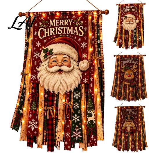 Santa Claus Elk Snowman Gingerbread Man Banner Christmas Hanging Cloth Decoration with LED Light for Home Door Wall And Window Holiday Indoor Outdoor