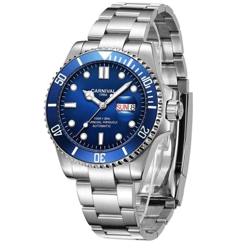 

PASOY Men s Automatic Mechanical Watch with Luminous Dial, Rotating Bezel, Sapphire Crystal, Silver Steel, and Day of the Week Display