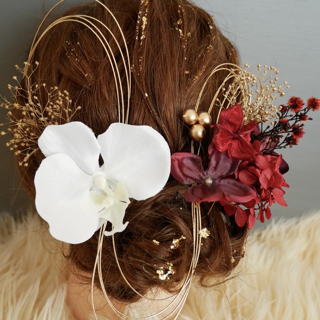 Preserved Flower Hair Ornament with Gold Phalaenopsis Orchid for and Japanese Clothing [Bria] Leaf, (Red), Coming-of-Age Ceremonies, Graduations,